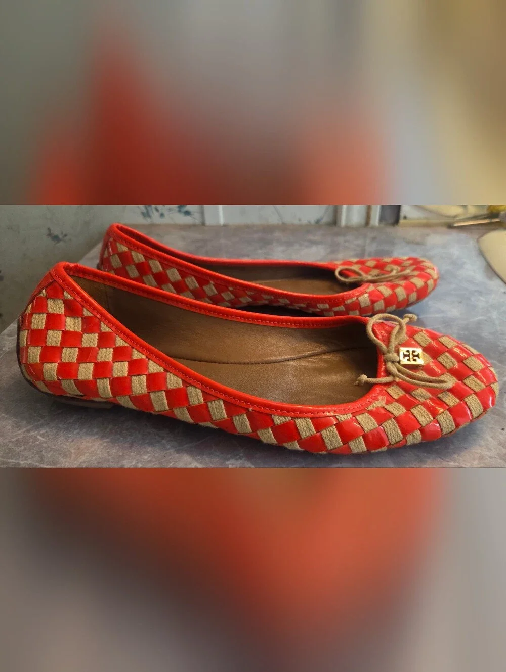 Tory Burch Orange Woven Leather Ballet Flats